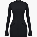 Robe Mini Bodycon à Manches Longues Navy avec Détail de Taille Peplum