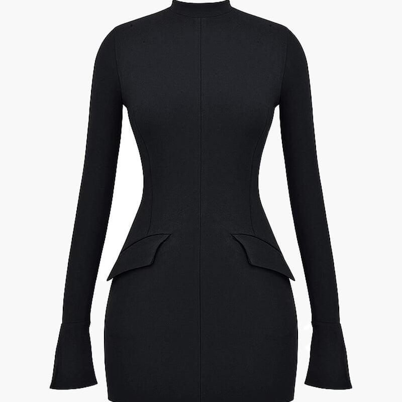 Robe Mini Bodycon à Manches Longues Navy avec Détail de Taille Peplum