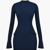 Robe Mini Bodycon à Manches Longues Navy avec Détail de Taille Peplum