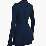 Robe Mini Bodycon à Manches Longues Navy avec Détail de Taille Peplum