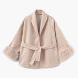 Manteau en Laine Mélangée Ceinturé avec Manches en Fausse Fourrure