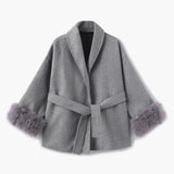 Manteau en Laine Mélangée Ceinturé avec Manches en Fausse Fourrure