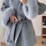 Manteau en Laine Mélangée Ceinturé avec Manches en Fausse Fourrure