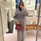 Manteau en Laine Mélangée Ceinturé avec Manches en Fausse Fourrure