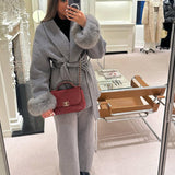 Manteau en Laine Mélangée Ceinturé avec Manches en Fausse Fourrure