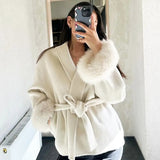 Manteau en Laine Mélangée Ceinturé avec Manches en Fausse Fourrure