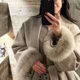 Manteau en Laine Mélangée Ceinturé avec Manches en Fausse Fourrure