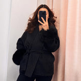 Manteau en Laine Mélangée Ceinturé avec Manches en Fausse Fourrure