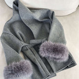 Manteau en Laine Mélangée Ceinturé avec Manches en Fausse Fourrure