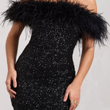 Robe Mini à Paillettes Hors-Épaule avec Finition en Plumes