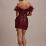 Robe Mini à Paillettes Hors-Épaule avec Finition en Plumes