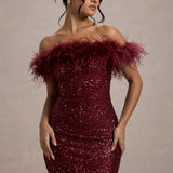 Robe Mini à Paillettes Hors-Épaule avec Finition en Plumes