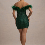 Robe Mini à Paillettes Hors-Épaule avec Finition en Plumes