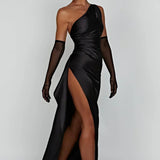 Robe Maxi en Satin à Une Épaule avec Fente Haute