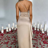 Robe Maxi en Satin à Une Épaule avec Fente Haute