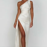 Robe Maxi en Satin à Une Épaule avec Fente Haute