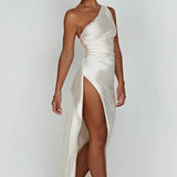Robe Maxi en Satin à Une Épaule avec Fente Haute