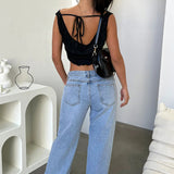 Jeans Baggy Droit Taille Basse en Denim Bleu Clair